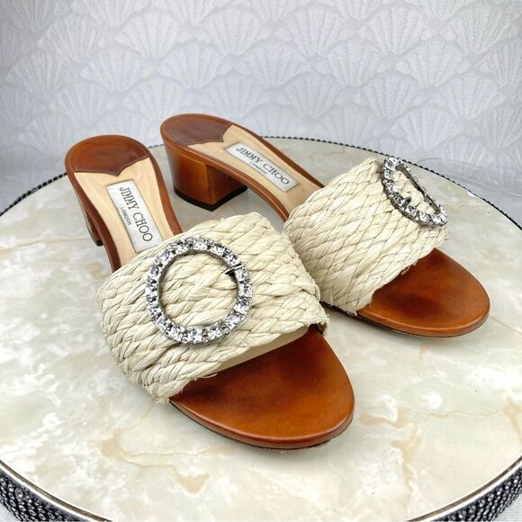 Jimmy Choo Granger Raffia-Wicker Heels Sandals Ivory Crystal Embellished Slides - Picture 2 of 13